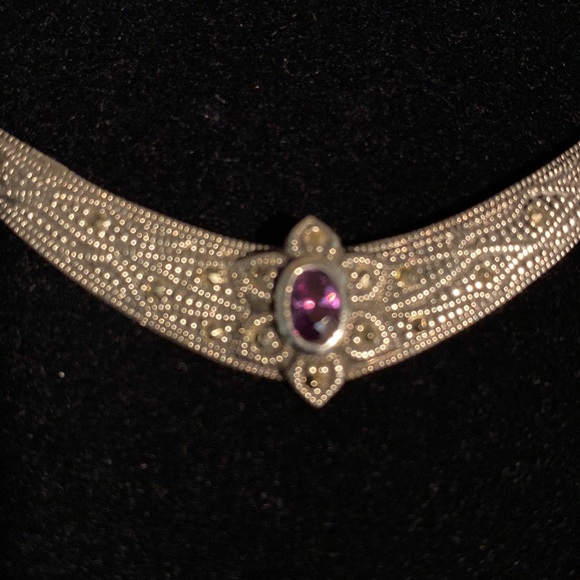 Antiqued Sterling Silver with Marcasite and Amethyst Necklace Earring Set - Picture 2 of 8